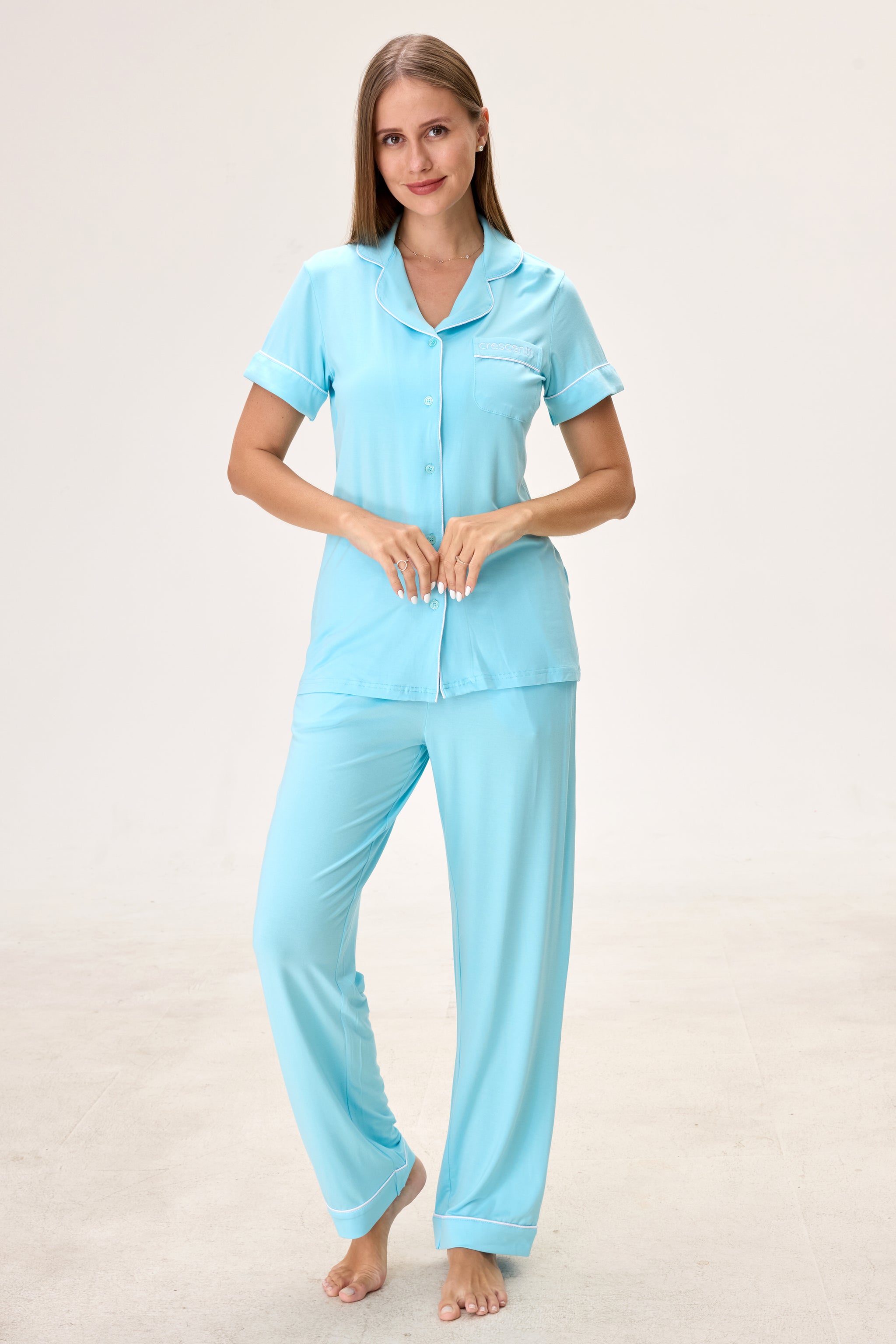 Turquoise Luxe Modal Silk™ Pajama Set – Short Sleeve & Pants - Crescentt