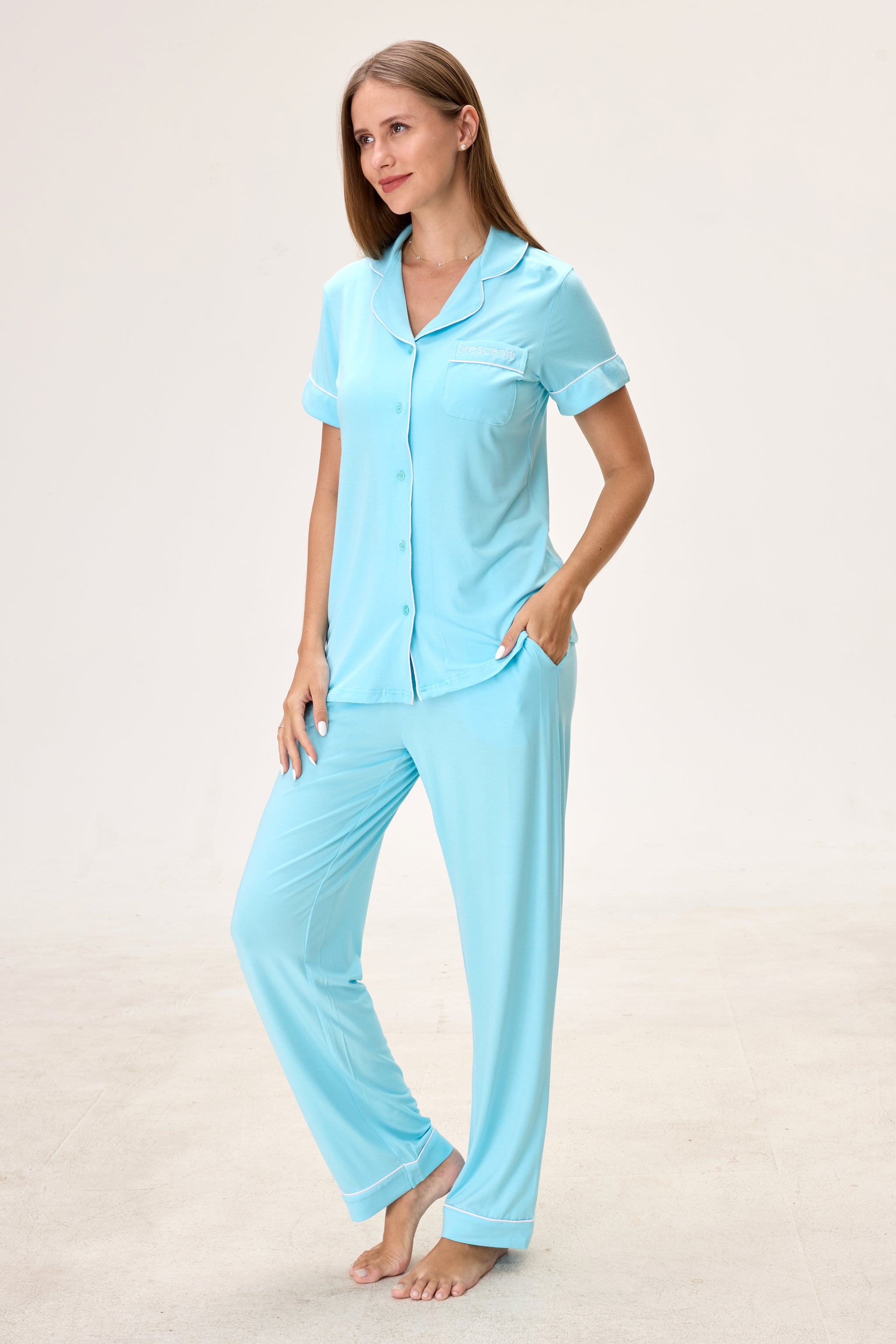 Turquoise Luxe Modal Silk™ Pajama Set – Short Sleeve & Pants - Crescentt