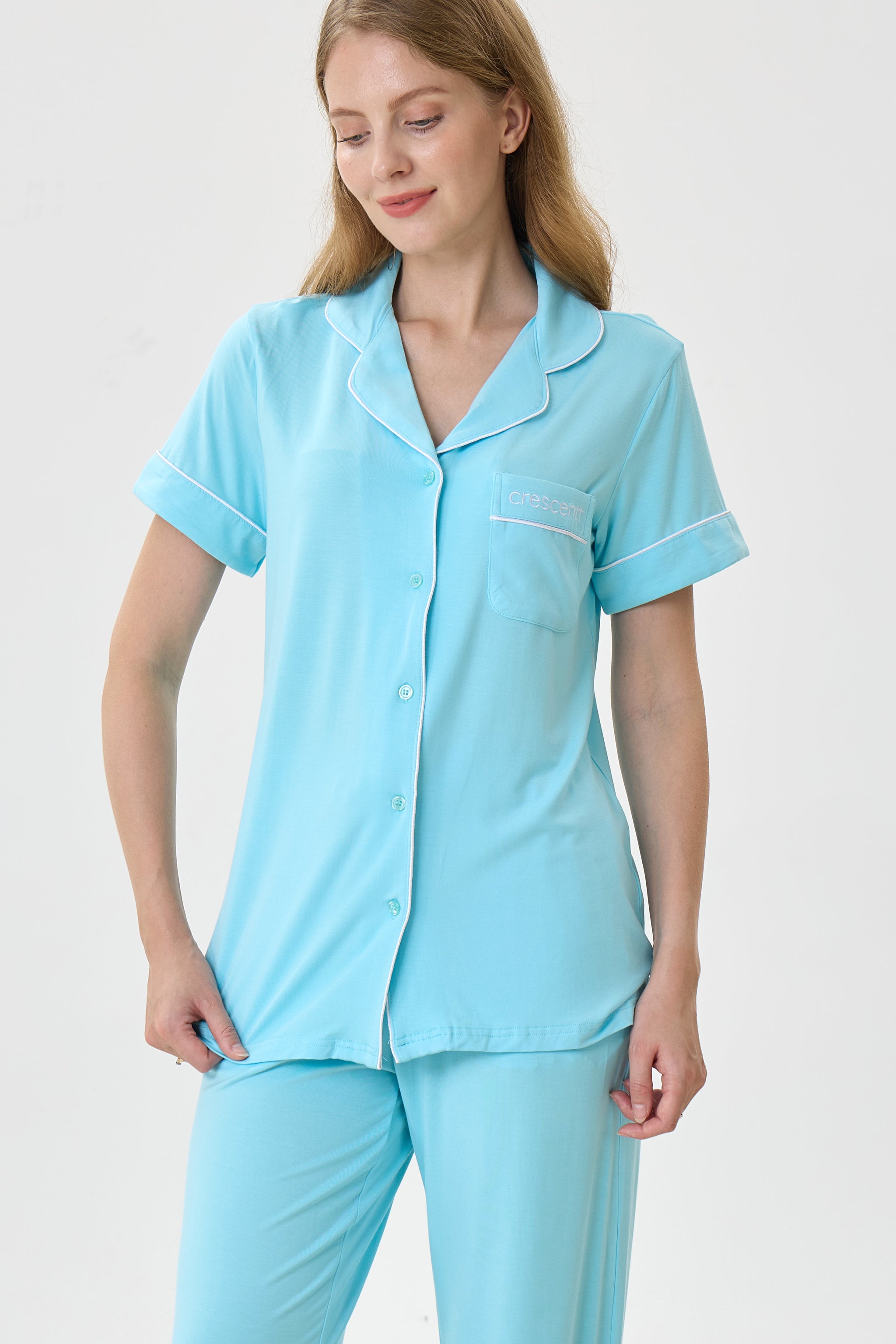 Turquoise Luxe Modal Silk™ Pajama Set – Short Sleeve & Pants - Crescentt