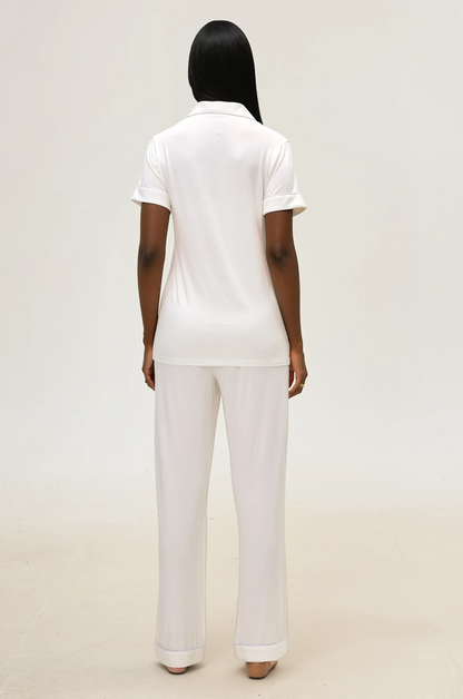 Serene White Bamboo Silk™ Pajama Set – Short Sleeve & Pants