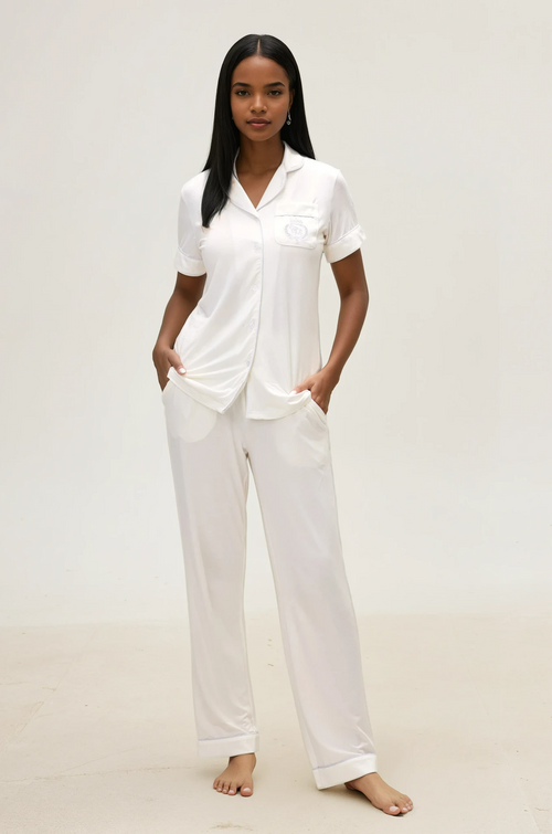 Serene White Bamboo Silk™ Pajama Set – Short Sleeve & Pants