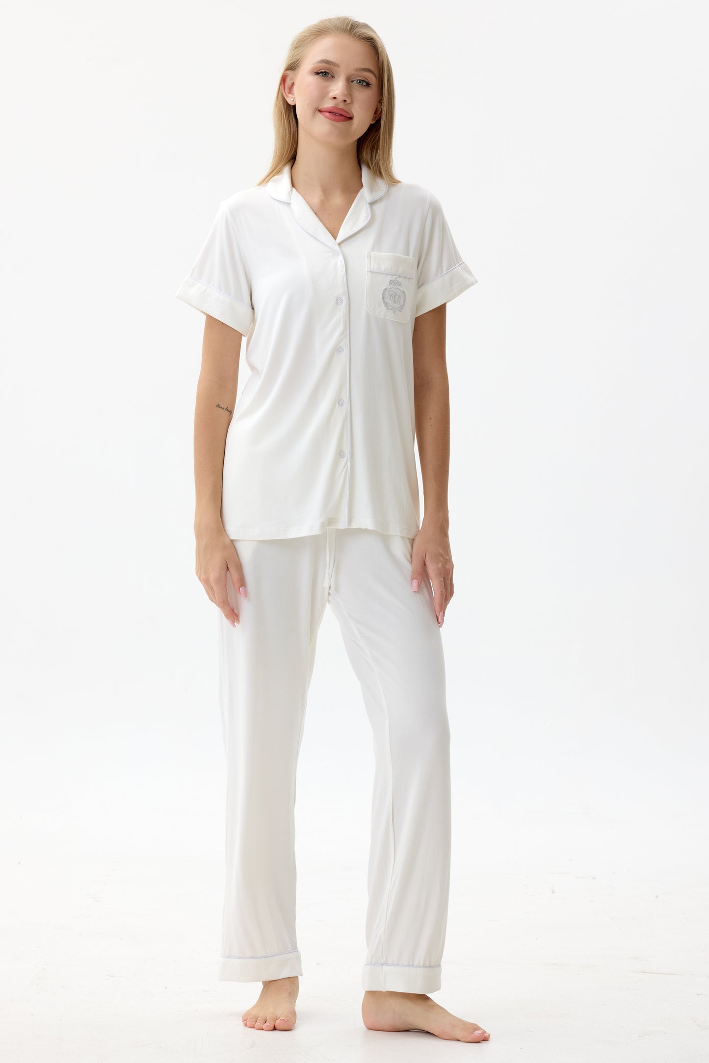 Serene White Bamboo Silk™ Pajama Set – Short Sleeve & Pants