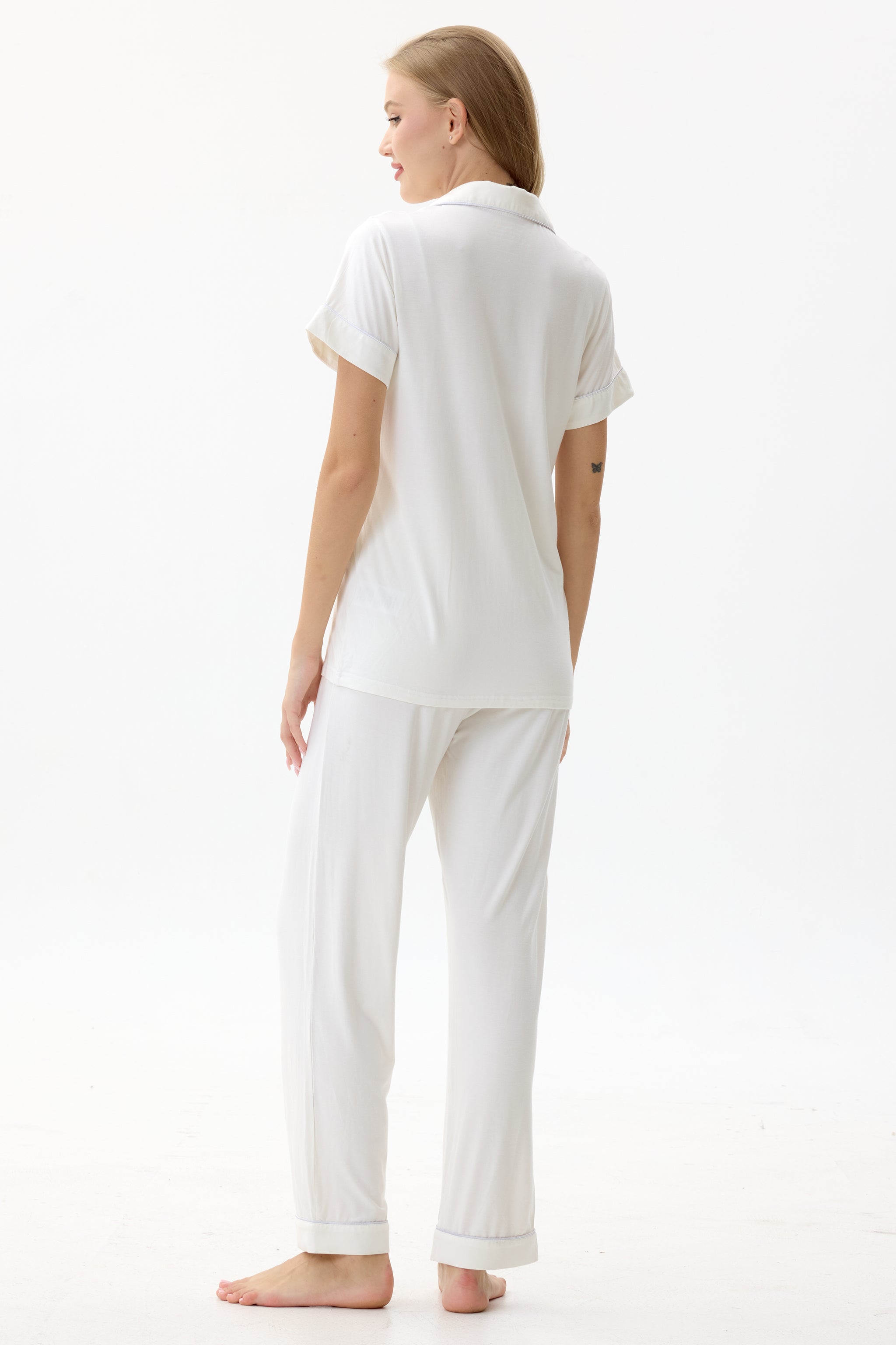 Serene White Bamboo Silk™ Pajama Set – Short Sleeve & Pants - Crescentt