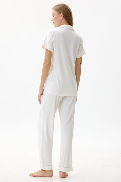 Serene White Bamboo Silk™ Pajama Set – Short Sleeve & Pants