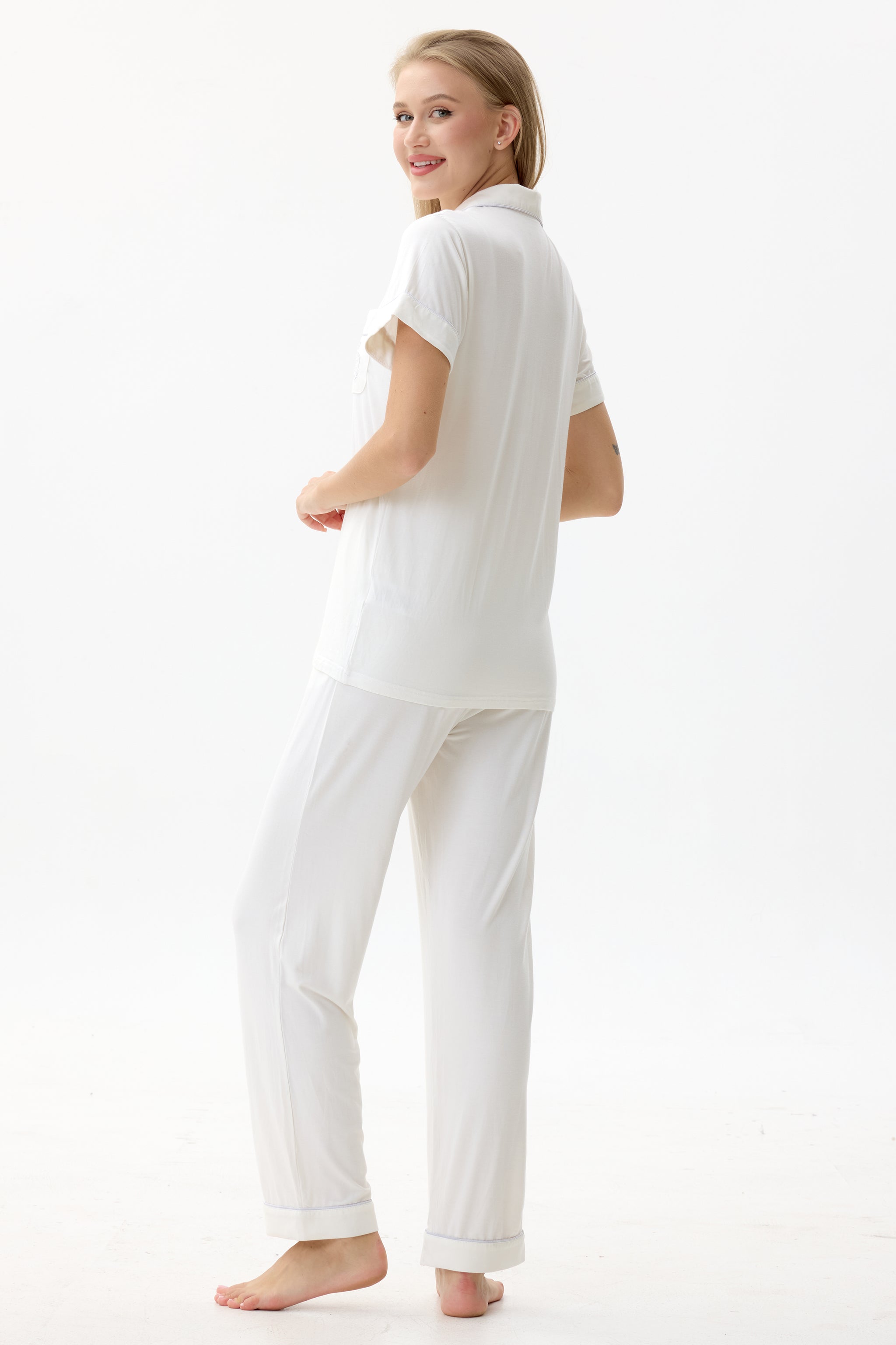 Serene White Bamboo Silk™ Pajama Set – Short Sleeve & Pants - Crescentt