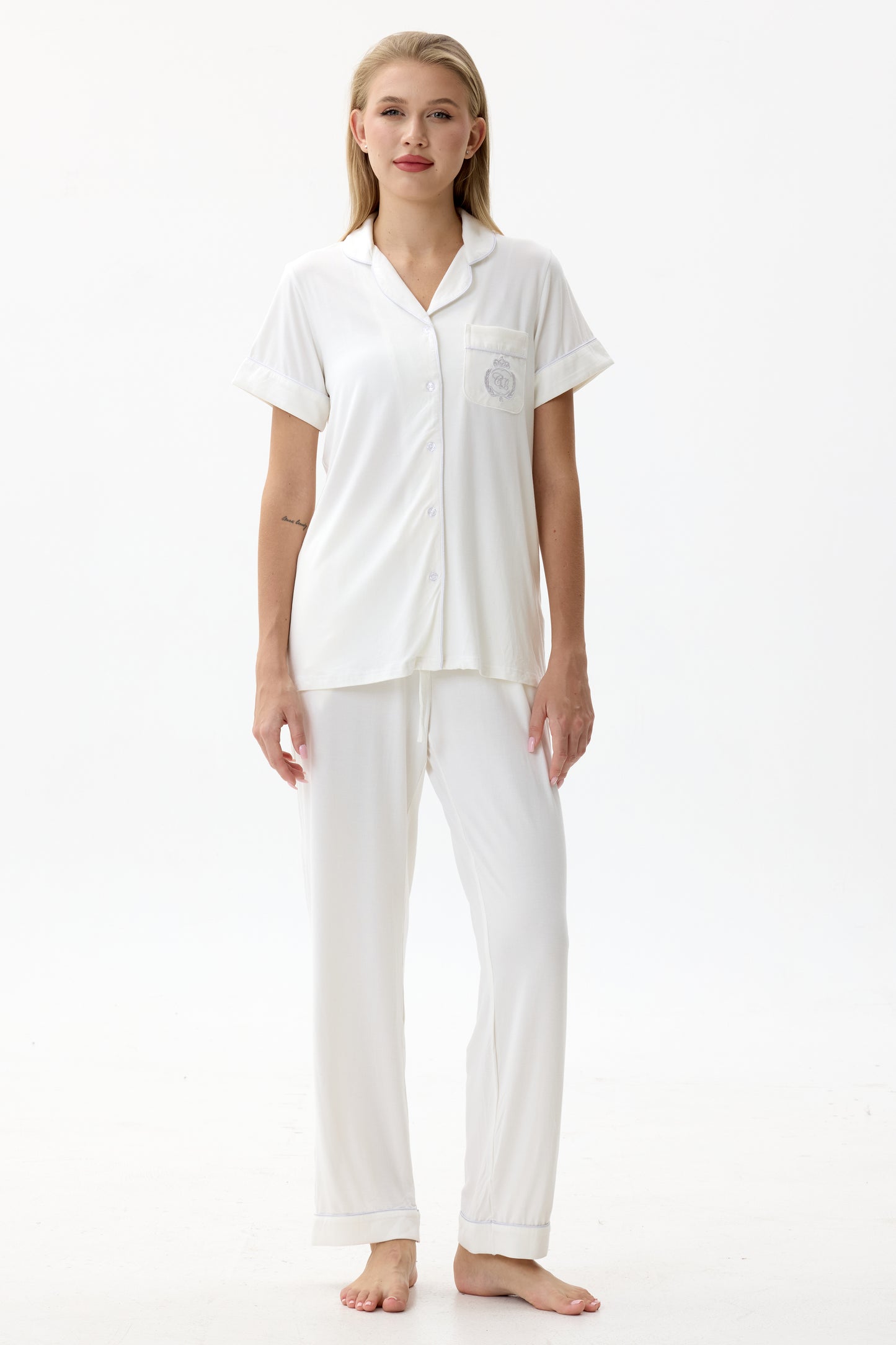 Serene White Bamboo Silk™ Pajama Set – Short Sleeve & Pants