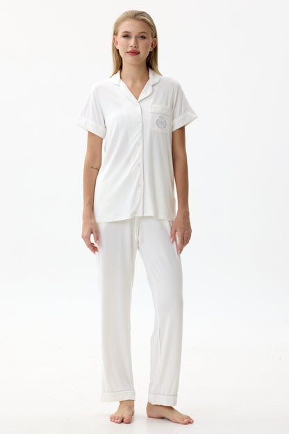 Serene White Bamboo Silk™ Pajama Set – Short Sleeve & Pants