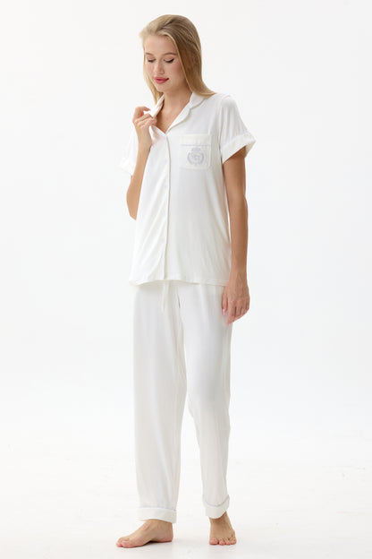 Serene White Bamboo Silk™ Pajama Set – Short Sleeve & Pants