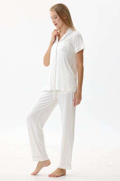 Serene White Bamboo Silk™ Pajama Set – Short Sleeve & Pants