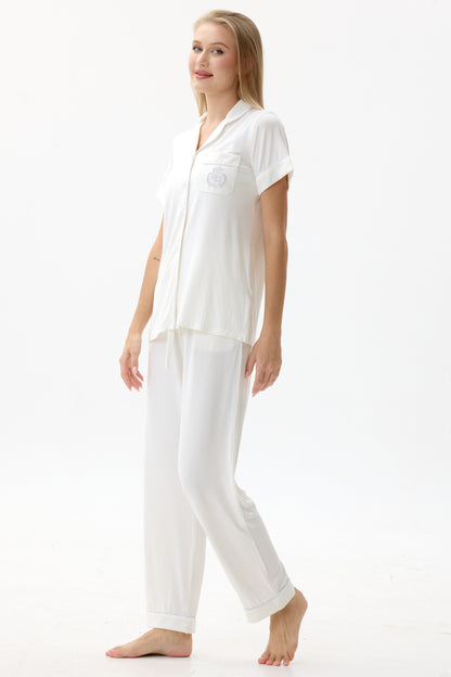 Serene White Bamboo Silk™ Pajama Set – Short Sleeve & Pants