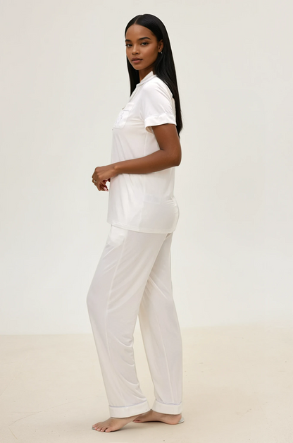 Serene White Bamboo Silk™ Pajama Set – Short Sleeve & Pants