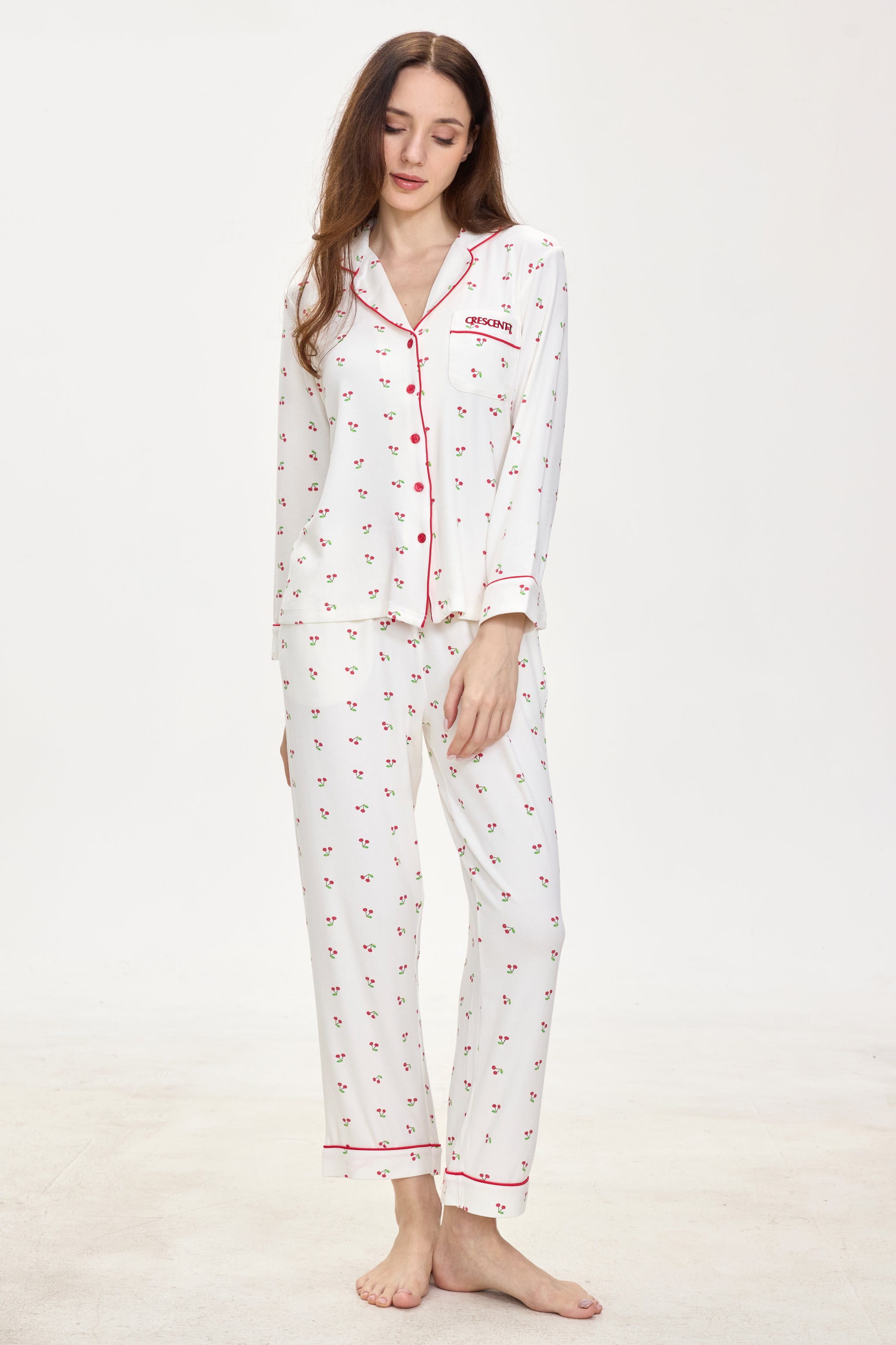 White Cherry Luxe Ribbed Modal Silk™ Pajama Set – Long Sleeve & Pants - Crescentt