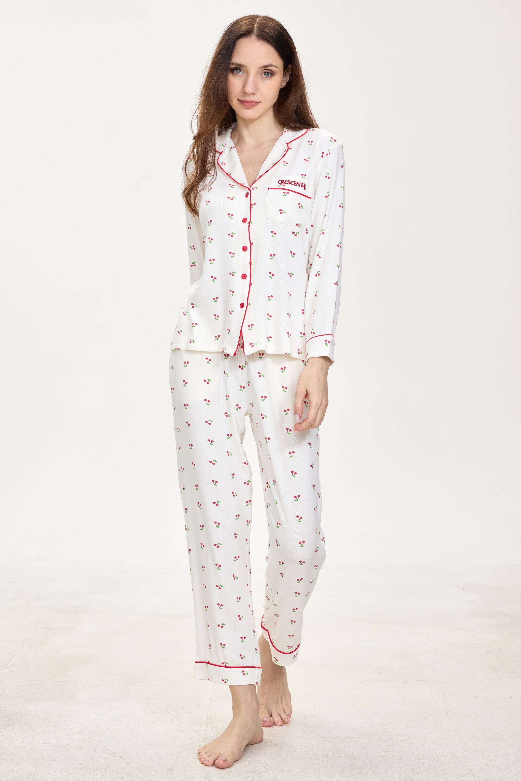 White Cherry Luxe Ribbed Modal Silk™ Pajama Set – Long Sleeve & Pants - Crescentt