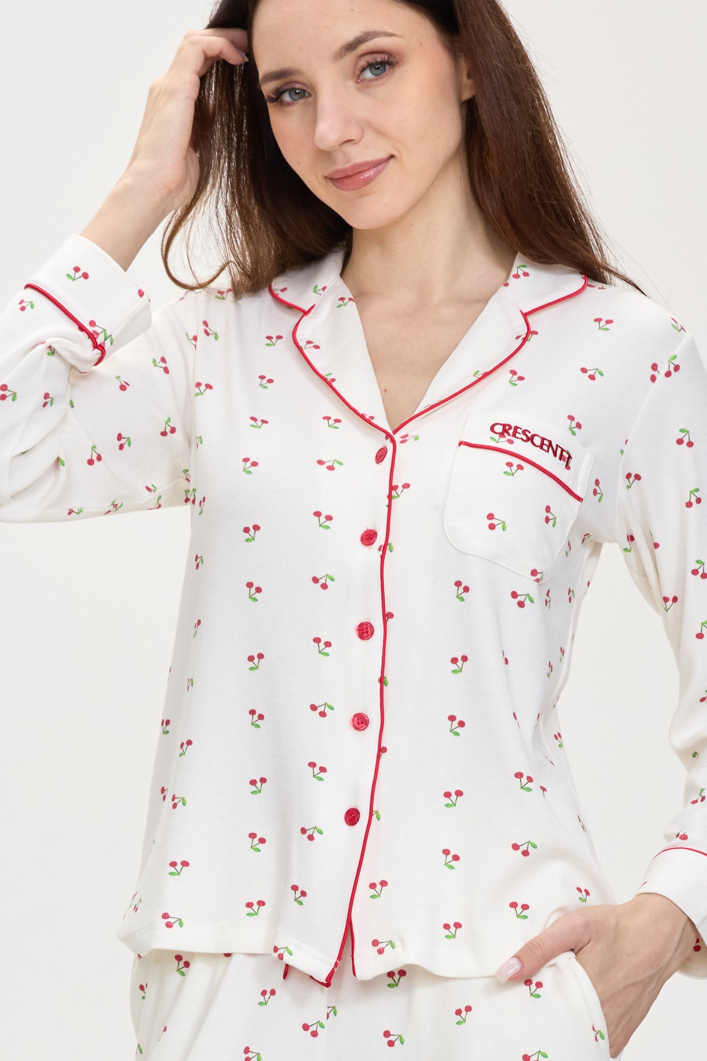 White Cherry Luxe Ribbed Modal Silk™ Pajama Set – Long Sleeve & Pants