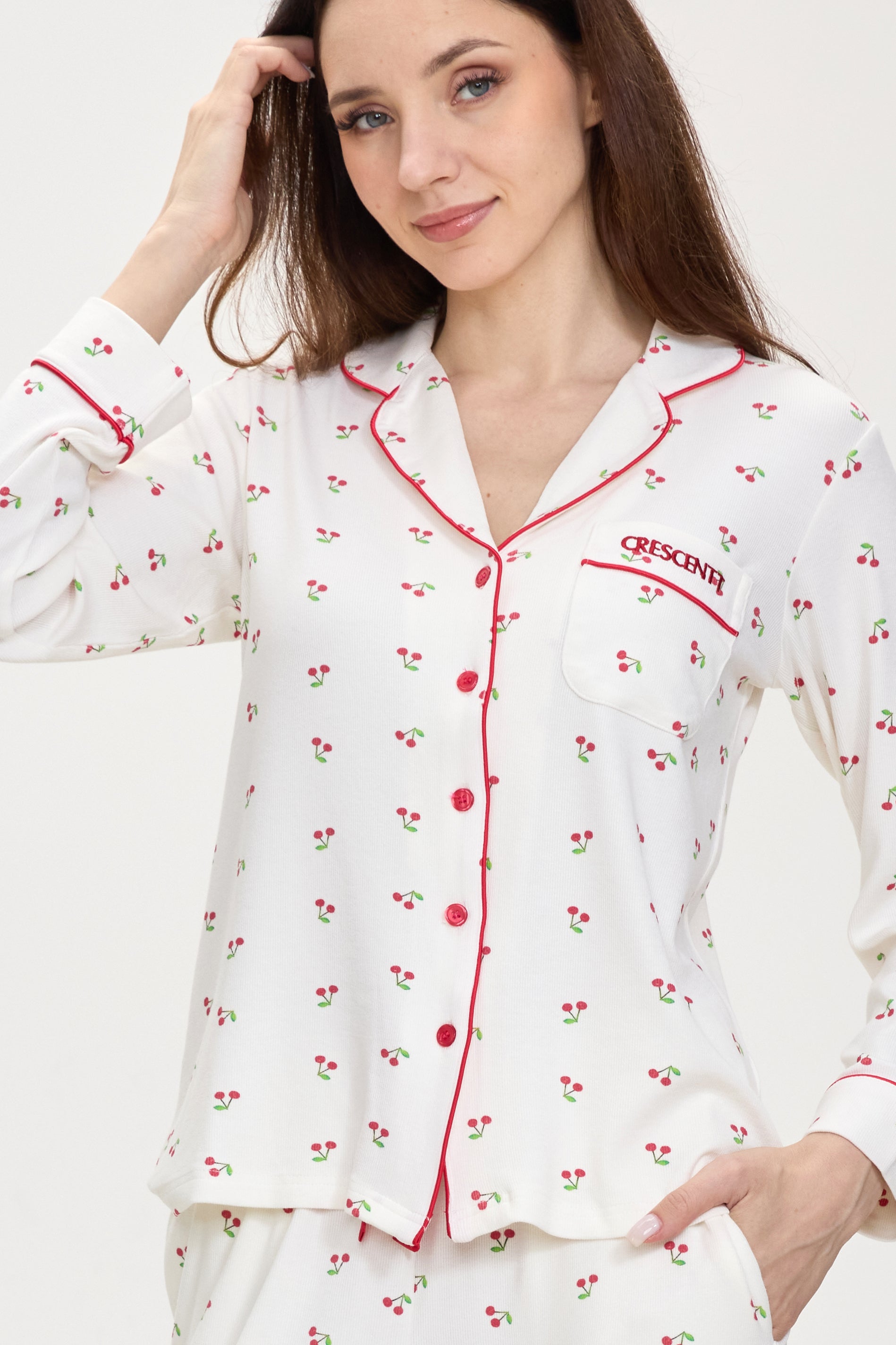 White Cherry Luxe Ribbed Modal Silk™ Pajama Set – Long Sleeve & Pants - Crescentt