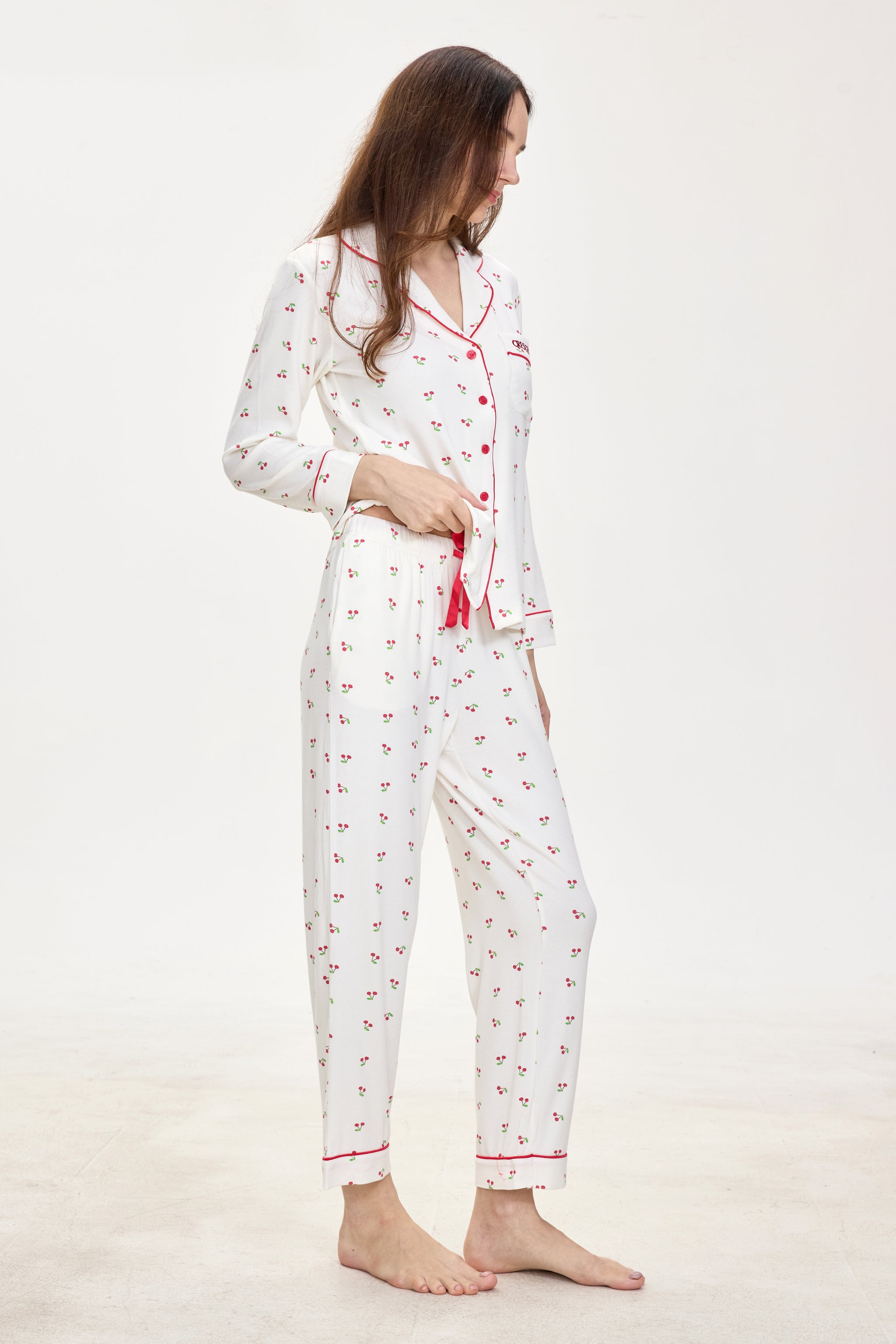 White Cherry Luxe Ribbed Modal Silk™ Pajama Set – Long Sleeve & Pants - Crescentt