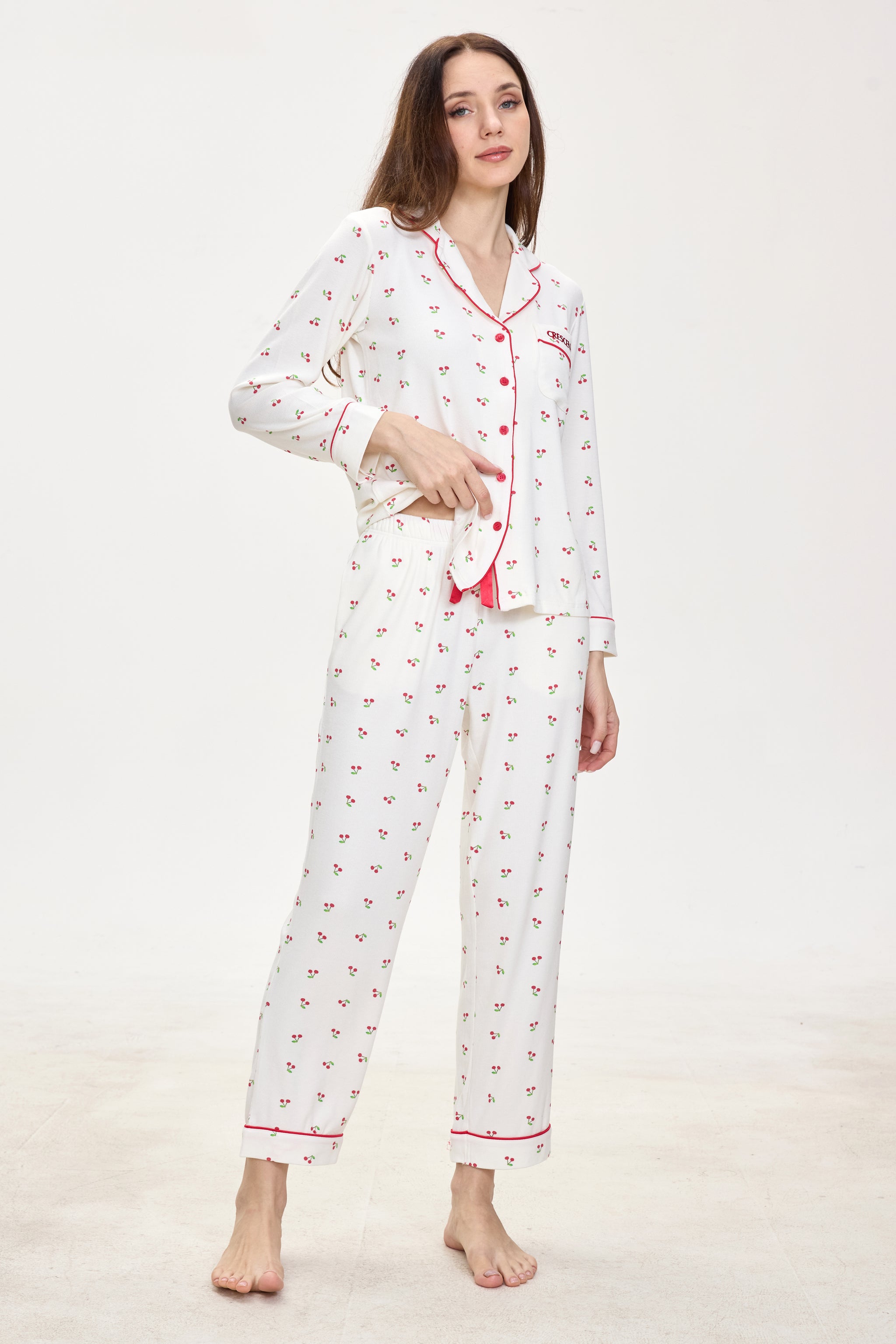 White Cherry Luxe Ribbed Modal Silk™ Pajama Set – Long Sleeve & Pants - Crescentt