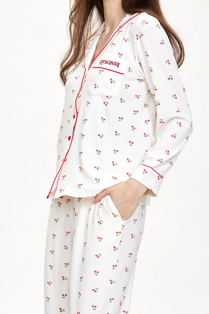 White Cherry Luxe Ribbed Modal Silk™ Pajama Set – Long Sleeve & Pants
