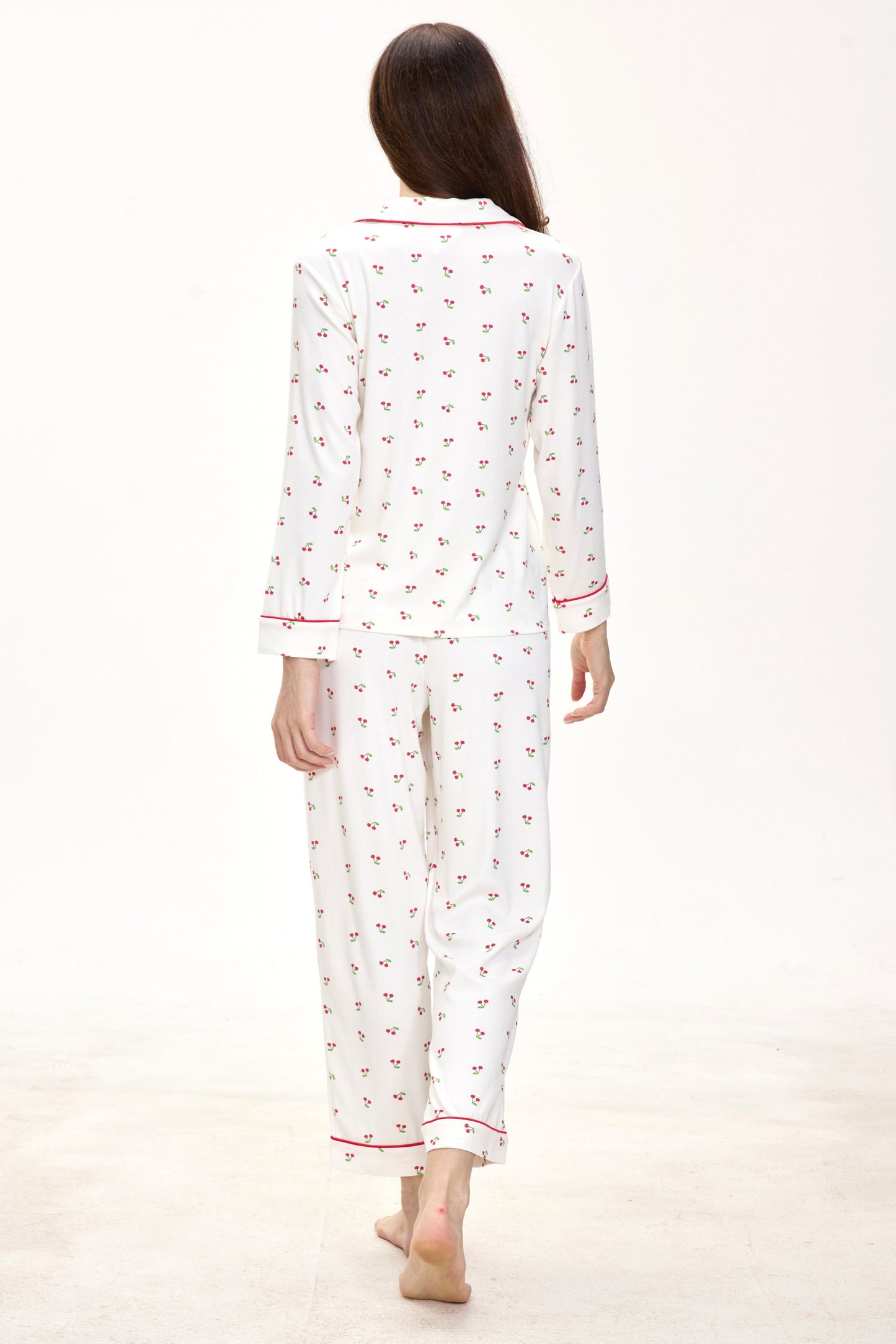 White Cherry Luxe Ribbed Modal Silk™ Pajama Set – Long Sleeve & Pants