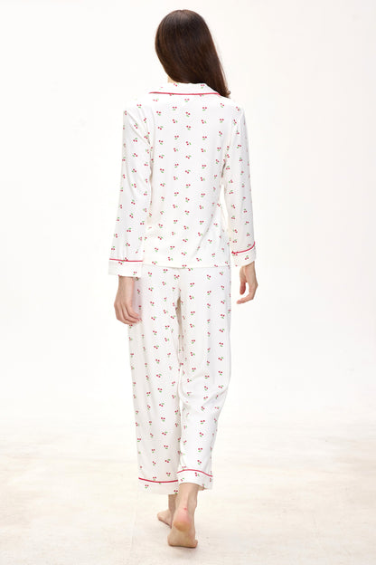 White Cherry Luxe Ribbed Modal Silk™ Pajama Set – Long Sleeve & Pants